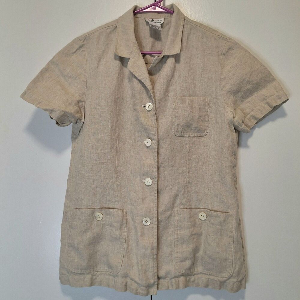 Talbots Irish Linen Button Up Short Sleeve Safari Shirt Sz 12 Cream Beige